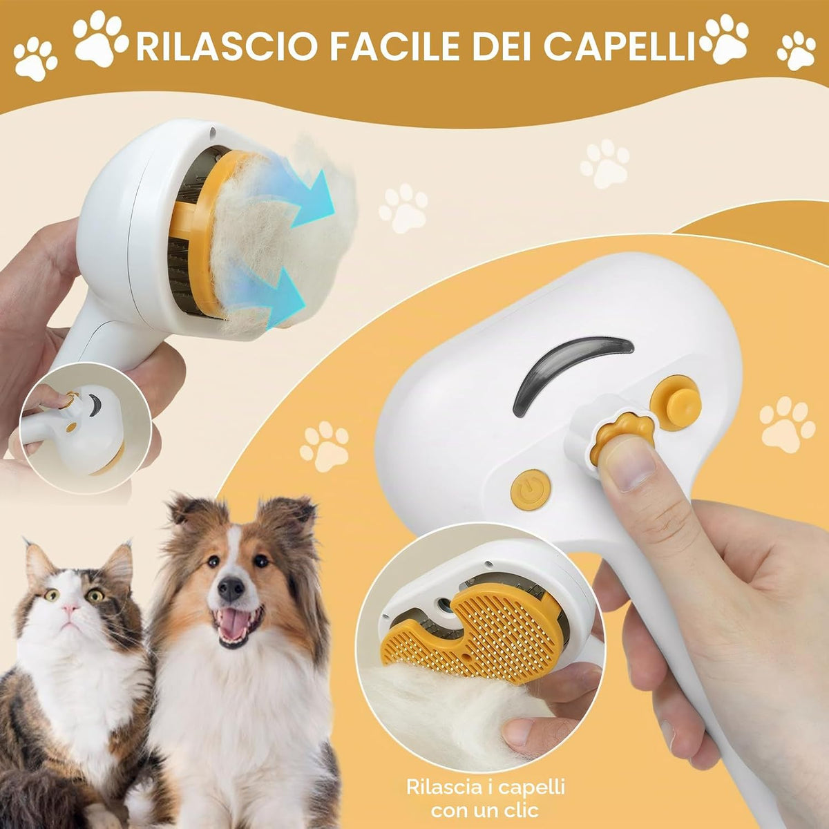 Spazzola a Vapore 3 in 1 Autopulente per Gatti E Cani, Toelettatura Con Pulsante Di Rilascio per Pelli Lunghi E Corti - Ricaricabile