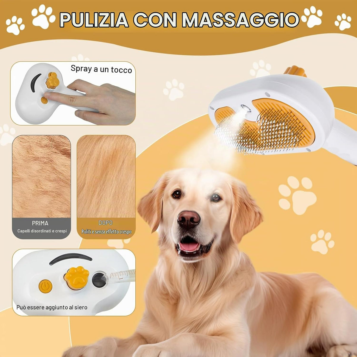 Spazzola a Vapore 3 in 1 Autopulente per Gatti E Cani, Toelettatura Con Pulsante Di Rilascio per Pelli Lunghi E Corti - Ricaricabile
