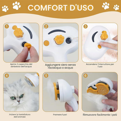 Spazzola a Vapore 3 in 1 Autopulente per Gatti E Cani, Toelettatura Con Pulsante Di Rilascio per Pelli Lunghi E Corti - Ricaricabile